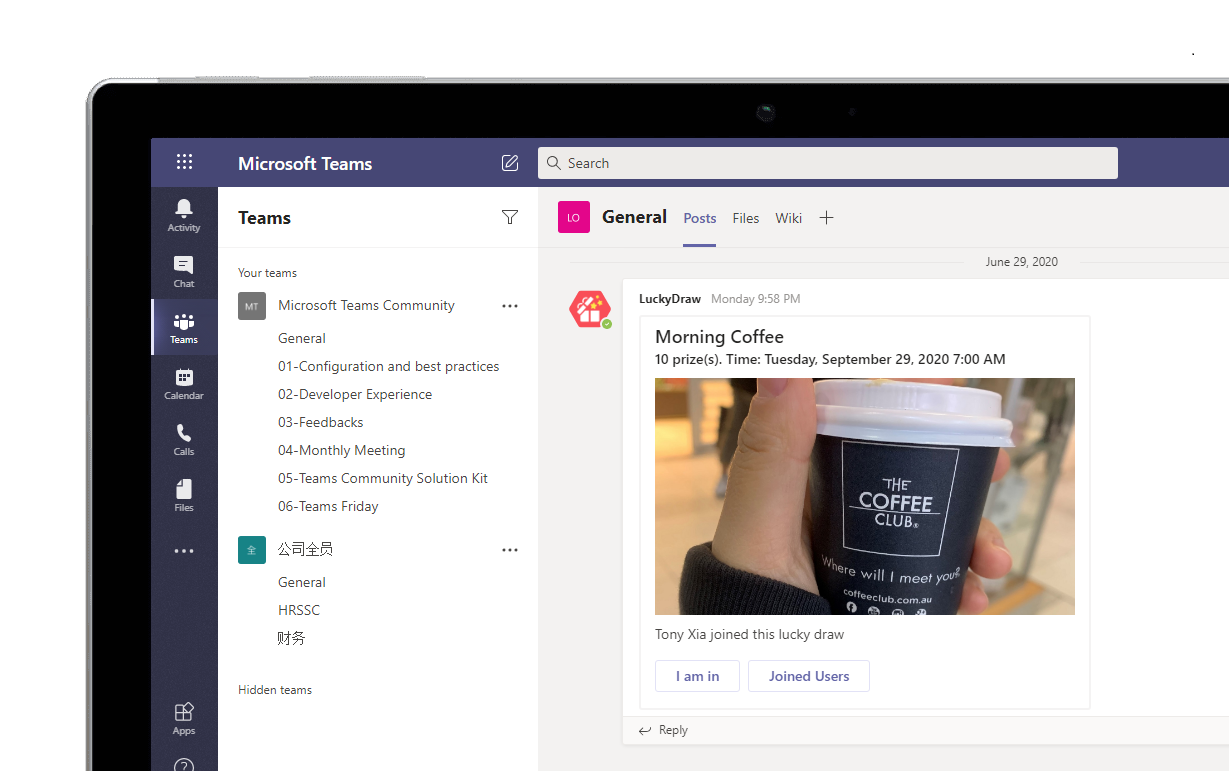 LuckyDraw Bot running in Microsoft Teams showing a Morning Coffee lucky draw event